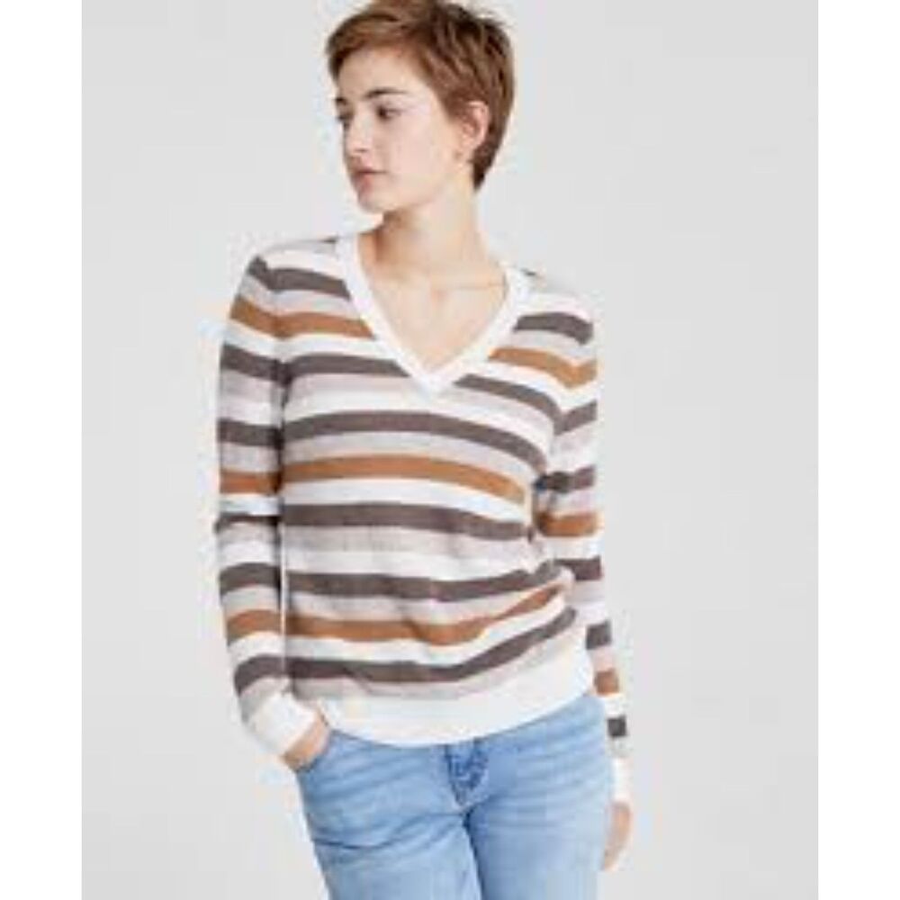Charter Club Striped Cashmere V-neck Sweater Size M